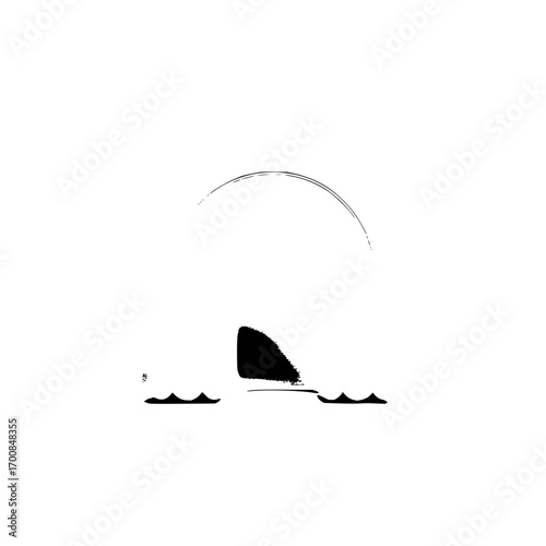 Shark fin silhouette with moon in the background in black and white minimalist illustration