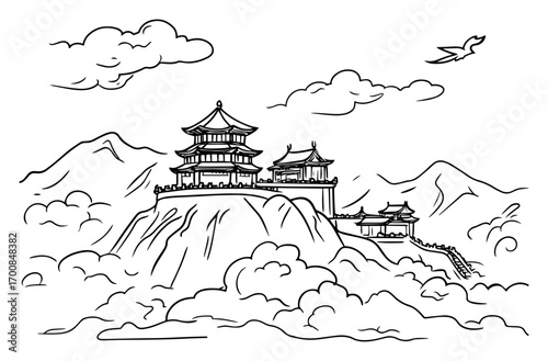 Ancient Chinese mountain temple complex – dramatic cliff palace ink sketch landscape vector art