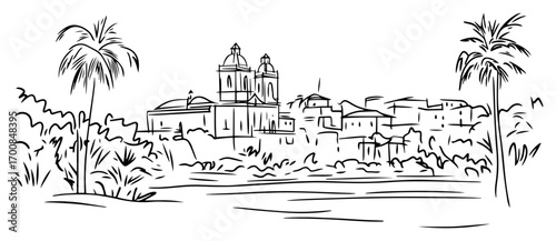 Tropical colonial town skyline with palm trees – loose hand‑drawn coastal landscape sketch vector illustration