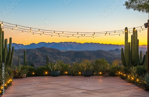 Stunning Sunset View Over the Mountains With Lights and Cacti in a Serene Des...