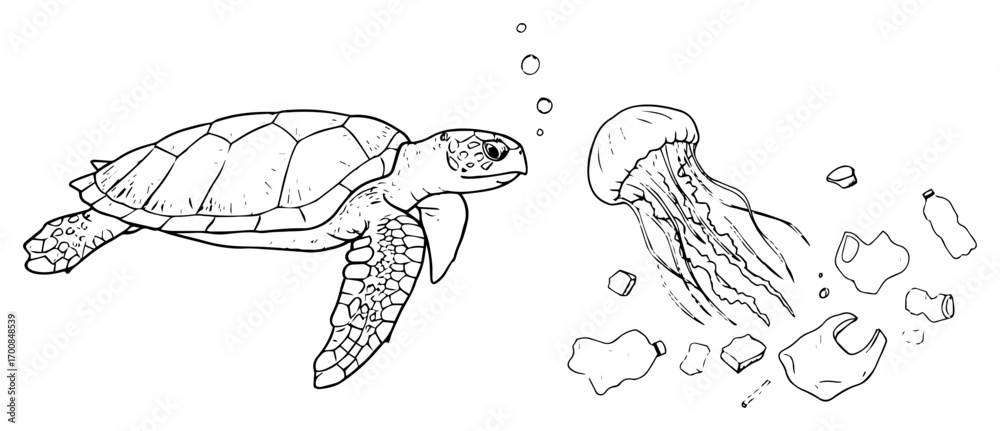 Fototapeta premium Sea turtle confronted with jellyfish and plastic waste – marine pollution environmental line art illustration