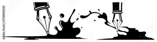 Retro fountain pen splash illustration – crossed nib pens with spilling ink blot vector emblem for writers and design