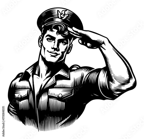 Confident young soldier saluting – heroic vintage military man portrait vector illustration