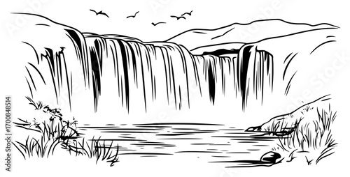 Scenic waterfall landscape sketch – hand‑drawn river cascade with rocks reeds and birds vector illustration