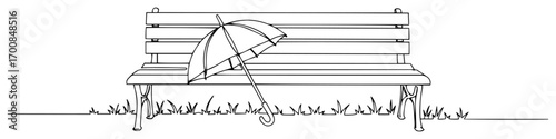 Minimalist continuous line park bench with umbrella – elegant rainy day vector divider illustration