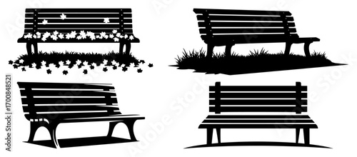 Park bench silhouette set with seasonal foliage – versatile outdoor seating icons vector collection