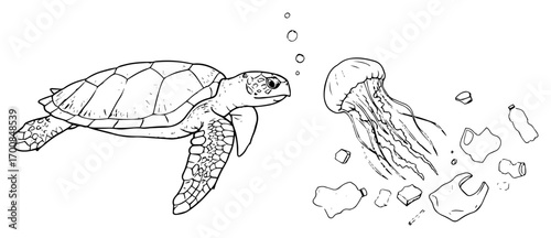 Sea turtle confronted with jellyfish and plastic waste – marine pollution environmental line art illustration