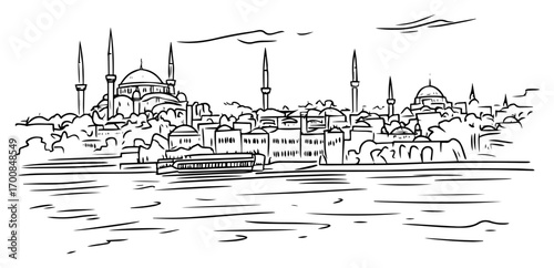 Istanbul skyline with Hagia Sophia and Bosphorus ferry – detailed Turkish cityscape sketch