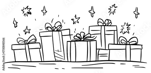 Festive stack of wrapped gift boxes with bows – cheerful holiday presents line sketch illustration