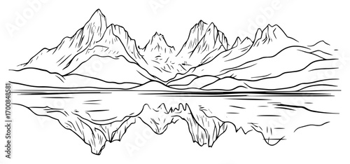 Serene mountain range mirrored in lake – tranquil alpine landscape line drawing vector illustration