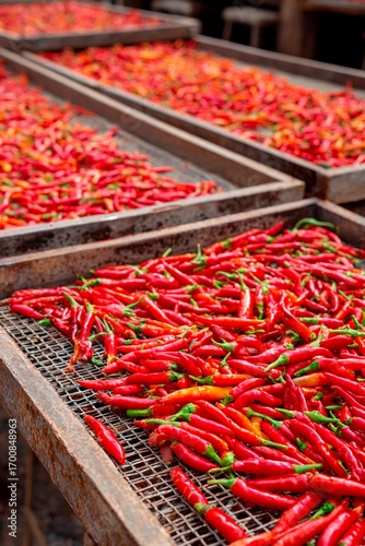 Rows of vibrant red chili peppers are spread out on mesh trays, soaking up the afternoon sun at a bustling market in Southeast Asia, showcasing local agricultural practices