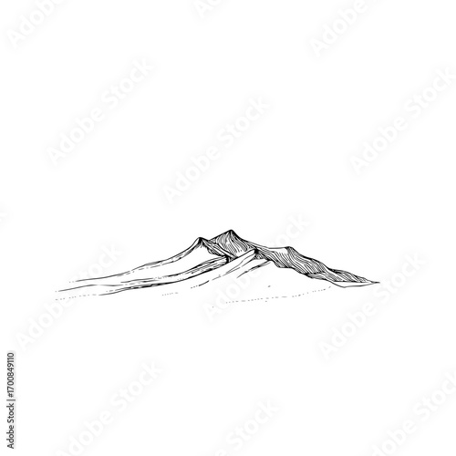Hand drawn mountain range landscape with textured peaks and slopes in black and white ink style