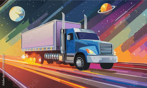 Dynamic illustration of a blue semi-truck speeding through space with planets and colorful light trails