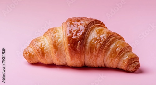 Freshly Baked Croissant on a Pink Background Showcasing Its Flaky Texture and...