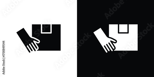 Hand holding box icon line style. Graphic design element vectors