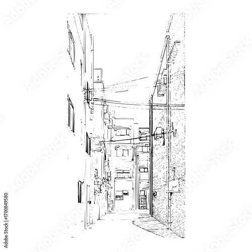 Urban alleyway scene with detailed architecture and intricate line work showing a narrow passage 100