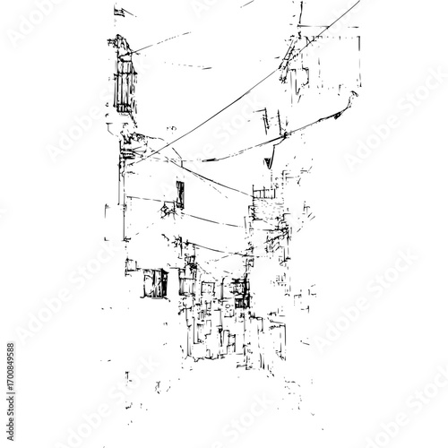 Abstract city scape in black and white with a unique artistic perspective and style of drawing lines