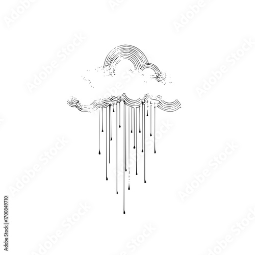 Stylized cloud with rain and rainbow illustration in black and white with a textured appearance effect