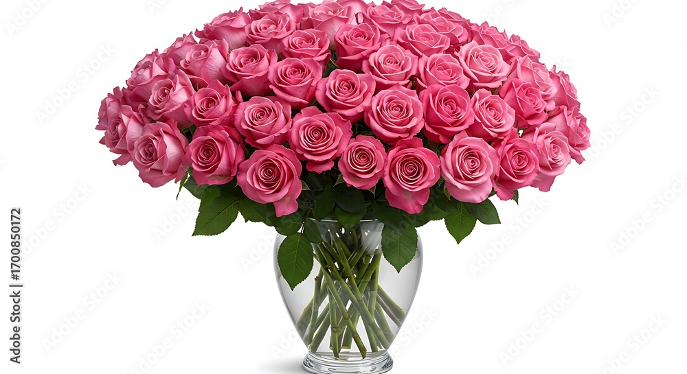 Obraz premium Lush Bouquet of Pink Roses in Glass Vase on White Background