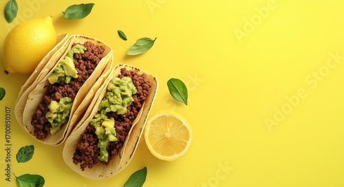 Tacos With Beef and Avocado on a Vibrant Yellow Background.