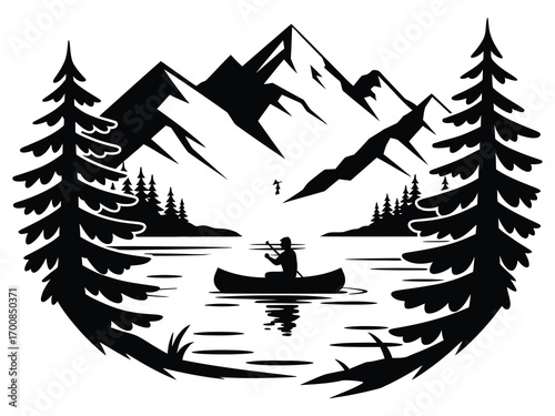 serene mountain lake with canoe silhouette scene