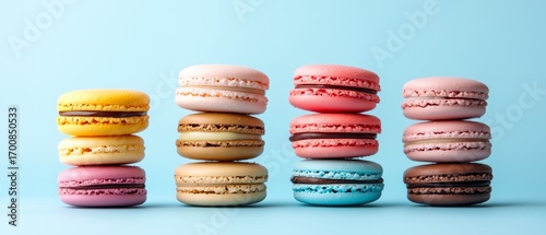 Colorful Macarons Arranged in Stacks Against a Blue Background in a Minimalis...