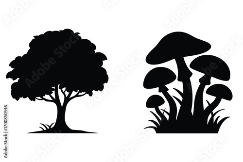 tree and mushrooms silhouette nature scene