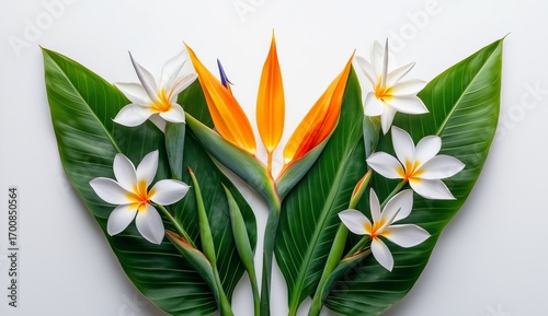Vivid Tropical Flowers and Lush Green Leaves Arranged Artfully on a Light Bac...