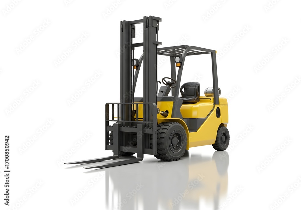 Fototapeta premium Professional yellow forklift with hydraulic lifting system and safety cage, essential industrial vehicle for warehouse and construction sites.