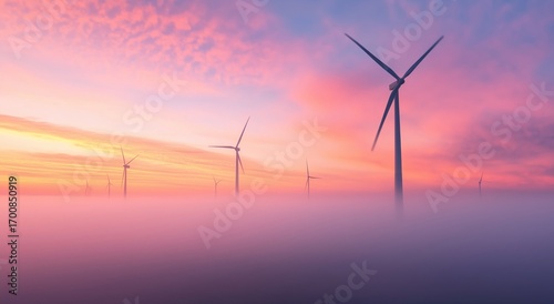 Wind Turbines Stand Tall Above a Blanket of Fog During Sunrise in a Serene La...