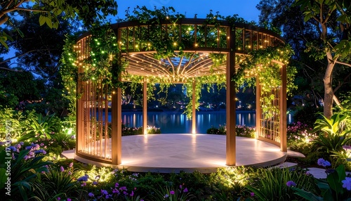 Illuminated Gazebo at Night Near Water with Lush Greenery