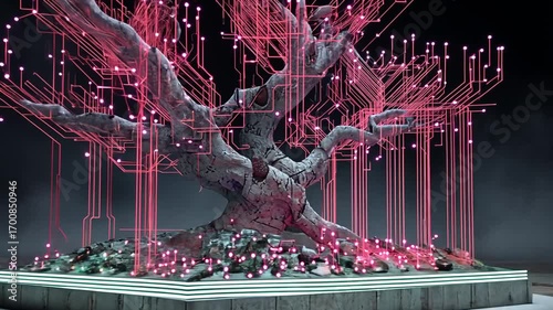 A digital bonsai tree, crafted from illuminated circuit lines, stands on a platform of gray stone.