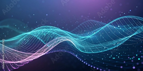 Dynamic digital waves and particles shimmer with vibrant blue and purple hues, representing futuristic data flow and abstract technology concepts for modern design.