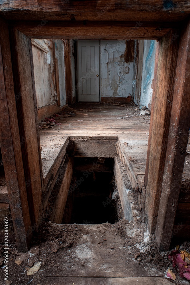 Obraz premium Decay is evident in the abandoned building where a large hole in the floor exposes the basement below. Crumbling walls and a closed door suggest neglect over time