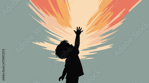 Boy reaches for vibrant light, inspiring dreams and imagination, symbolizing hope and future possibilities