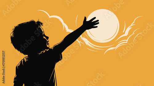 Dreamy child reaching for the sun, full of hope, imagination, joy, and positive energy, vector design