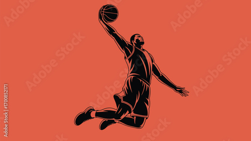 Dynamic basketball player soaring for slam dunk against vibrant background for sports marketing