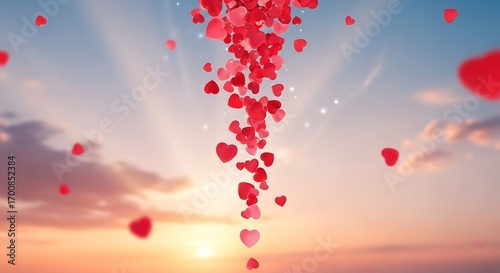 Romantic heart shower against a dreamy sunset backdrop creating a love filled scene
