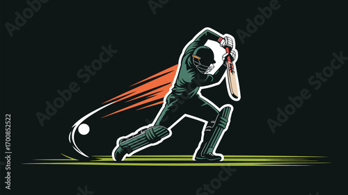 Dynamic batsman hitting ball with power, energetic cricket action illustration for sports marketing content