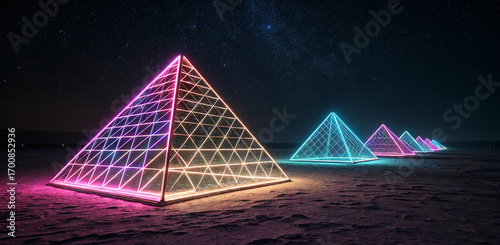 Futuristic neon pyramids illuminate a desert landscape under a star-filled night sky, creating an awe-inspiring and otherworldly scene for your next project.