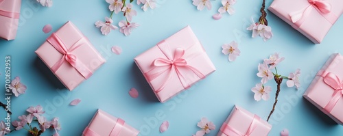 Decorative Pink Gift Boxes Arranged With Blooming Cherry Blossoms on a Light ...