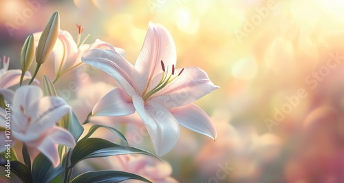 Beautiful White Lily Blooming in a Serene Garden During Sunset.