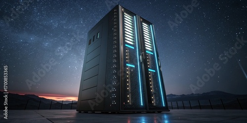Powerful server rack glowing with blue lights stands under a vast starry night sky, symbolizing data, innovation, and future technology in a dramatic, modern setting.