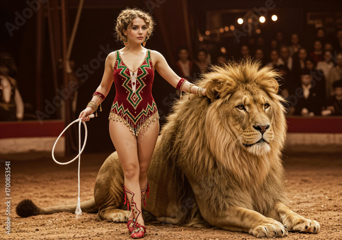 A captivating circus tamer in a glittering costume poses with a majestic lion, symbolizing courage and spectacle