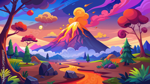 a volcano background and colorful clouds. The style is simple, full of vitality, with bright colors and lively expressions, surrounded by trees, grasslands, small rocks, lava, a volcano background, an