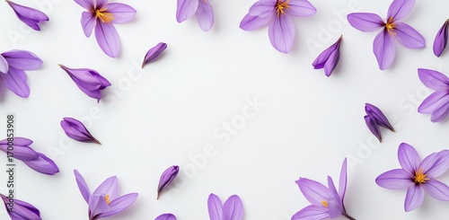 Delicate Purple Flowers Arranged on a White Background for a Serene Aesthetic...