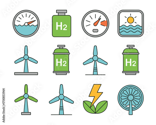 Renewable energy icons vector set sustainable green power elements