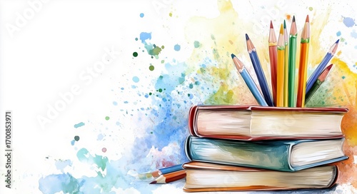 Colorful Pencils and Books Create an Artistic Display in a Bright, Vibrant Se...
