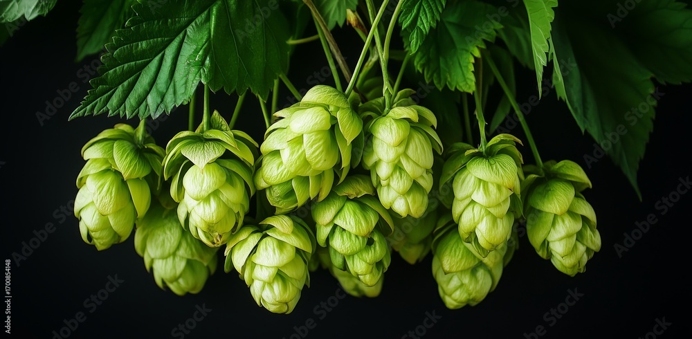 Obraz premium Freshly Harvested Hops Hanging From the Vine in a Garden During Summer.