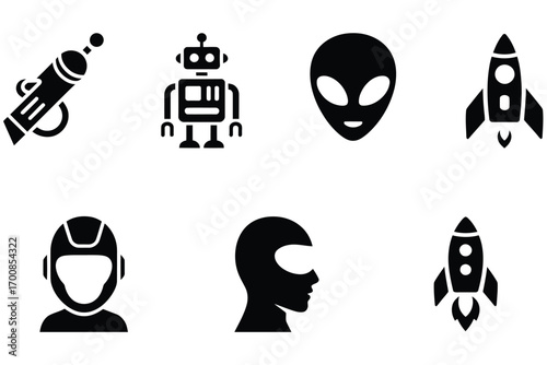 Space vector icons, futuristic sci fi symbols, adventure and outer space illustration, technology design elements, science fiction graphic collection